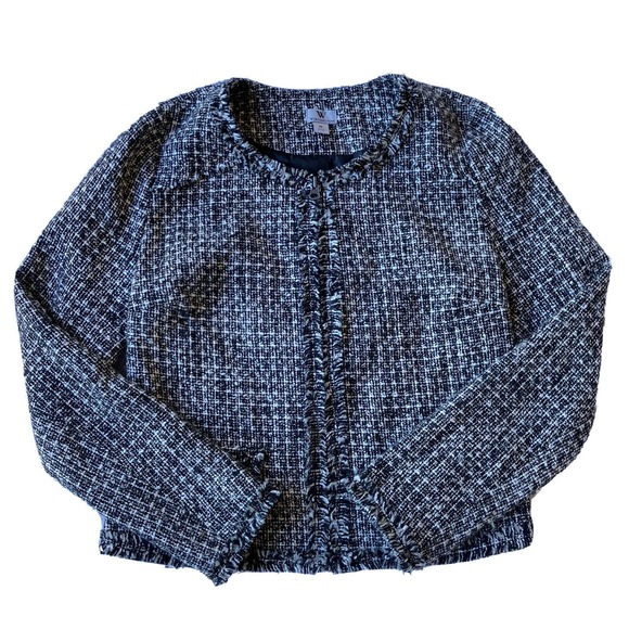 Worthington Jackets & Blazers - Worthington Sz Med Blazer Tweed Zip Up Jacket Womens Black White Fringe Career